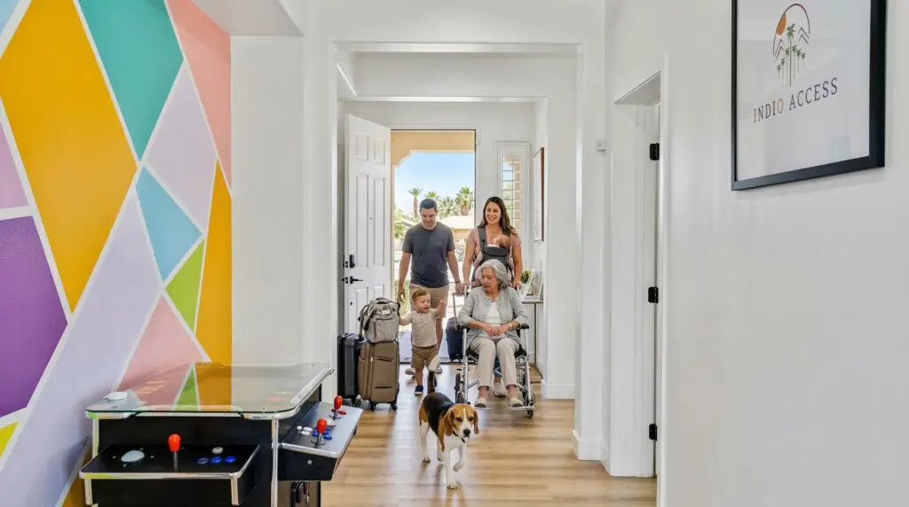 Family with wheelchair user arriving at ADA accessible vacation rental in Indio California