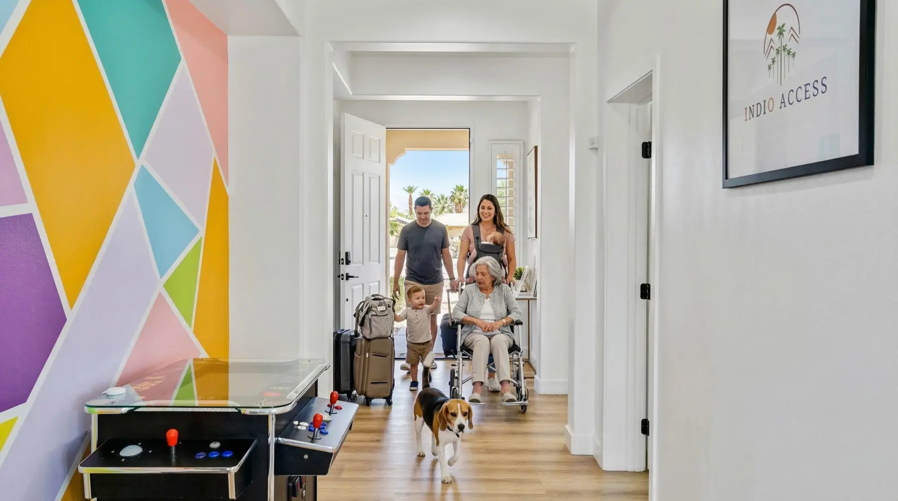 Multi-generational family arriving at ADA accessible vacation rental in Indio CA with wheelchair