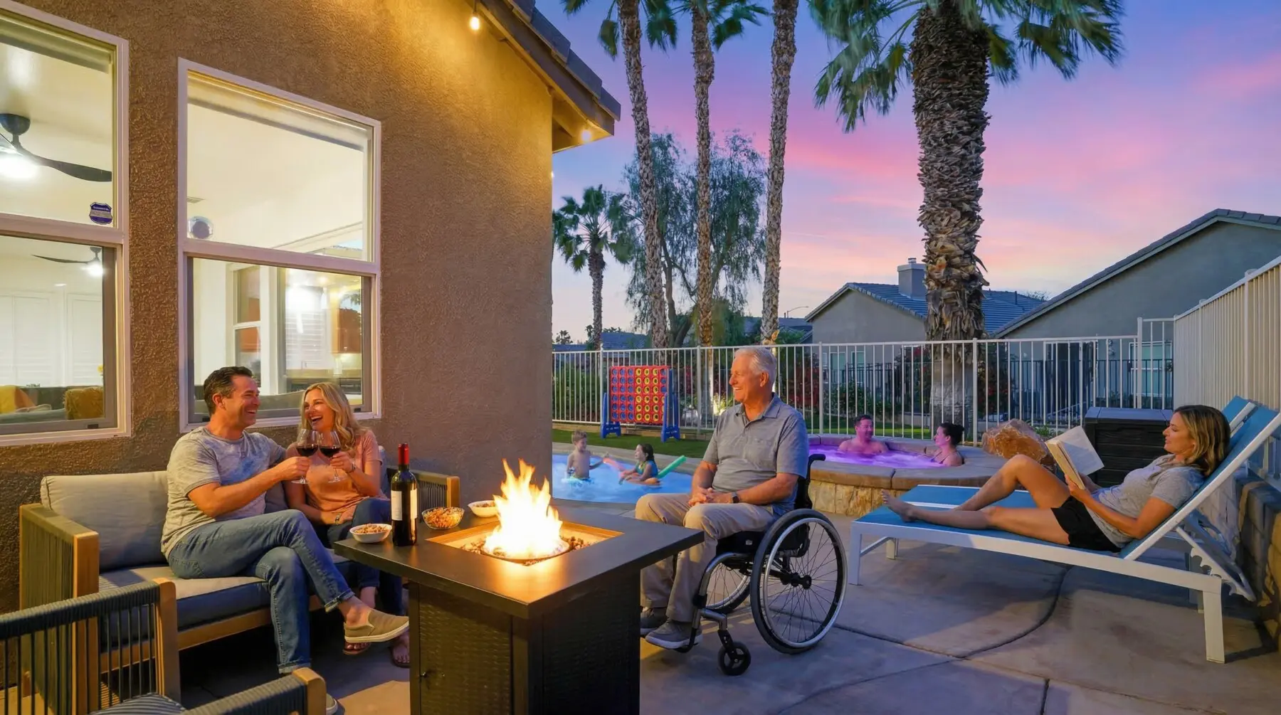 Families and wheelchair user enjoying backyard pool and fire pit at dusk at Indio Access vacation rental