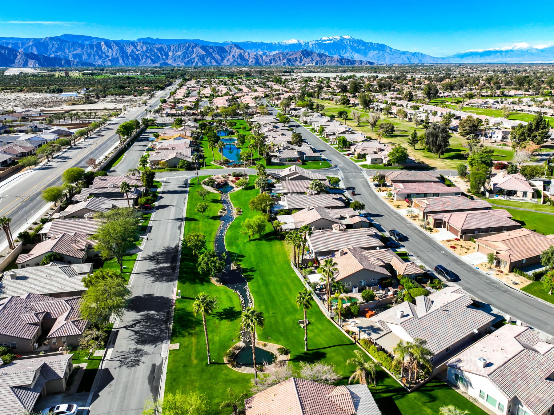 Aerial view of Indian Palms Golf Resort in Indio, CA with San Jacinto Mountains
