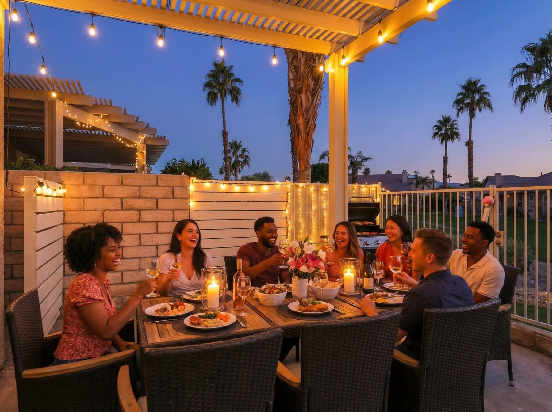 Group dinner on vacation rental patio in Indio CA with string lights and pool
