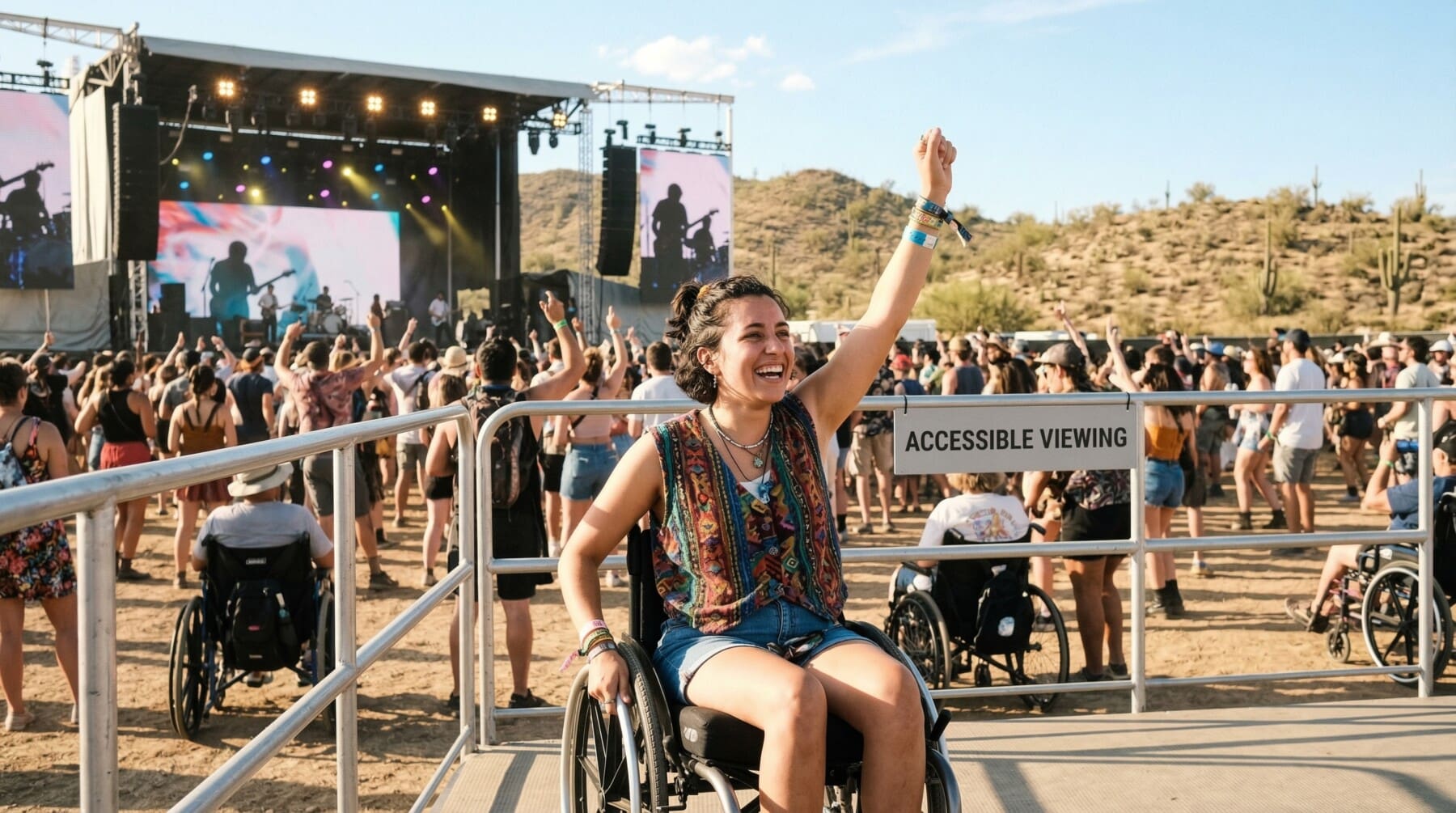 Wheelchair user at accessible viewing area at outdoor music festival in California desert