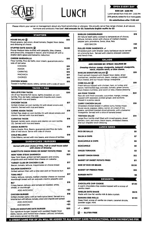 Shields Date Garden Indio lunch menu — Signature Date Burger and date dishes