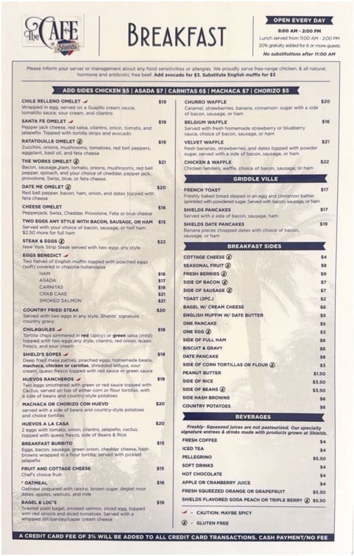 Shields Date Garden Indio breakfast menu — Cafe at Shields