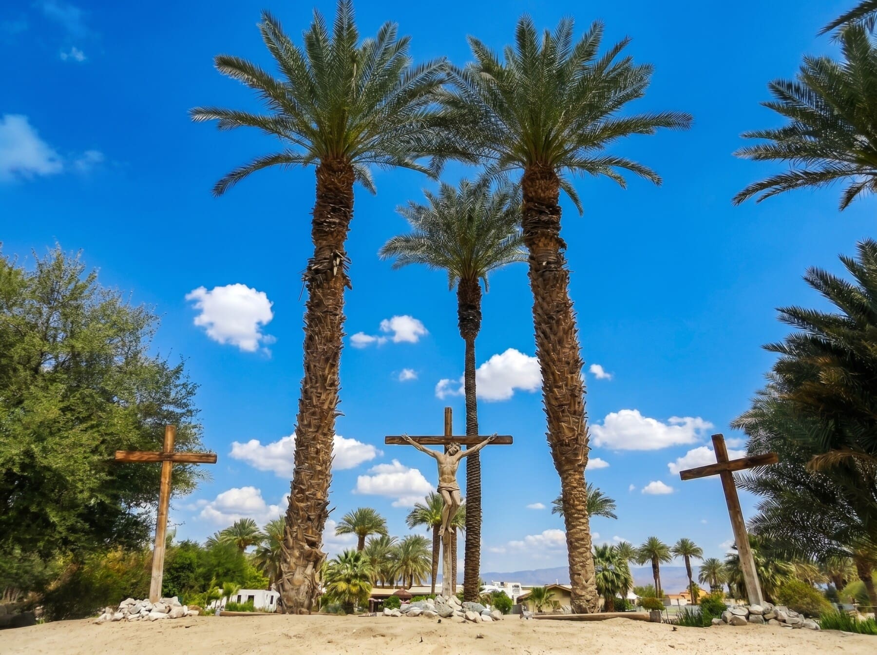 Biblical garden at Shields Date Garden Indio CA with crucifixion and palm trees