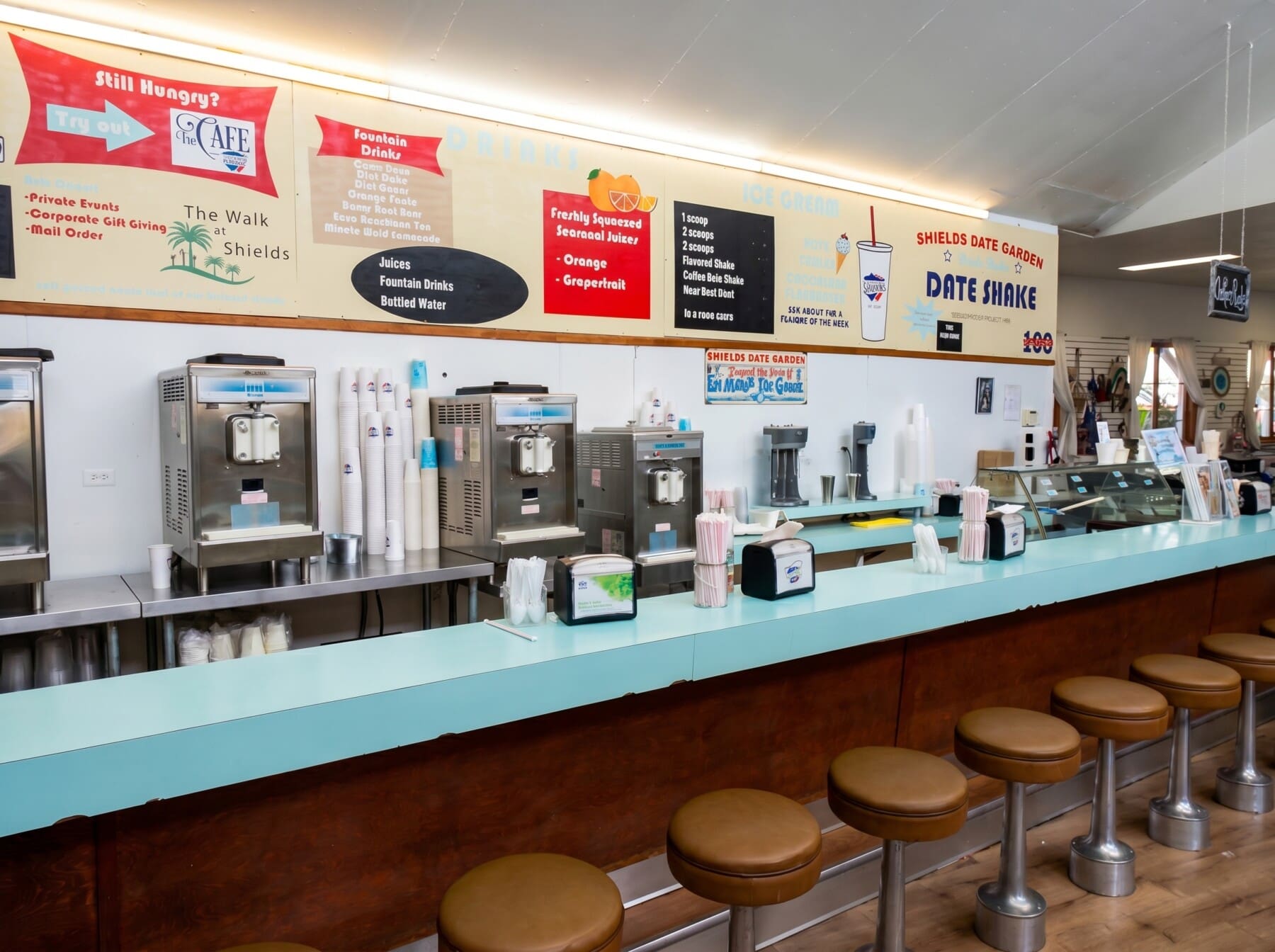 Shields Date Garden Indio date shake counter — vintage 1924 soda fountain