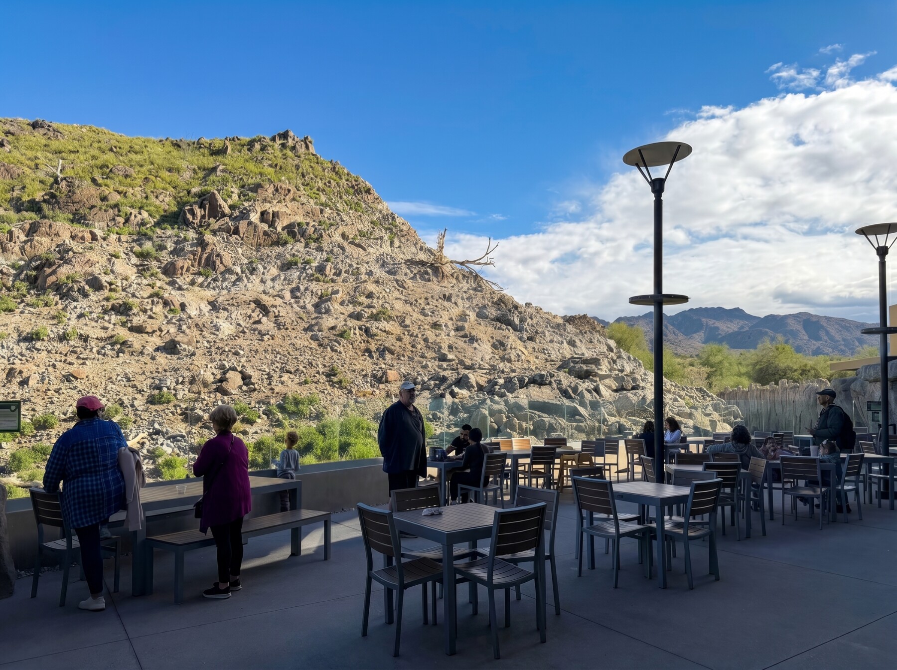 Outdoor patio at the Bighorn Cafe overlooking the bighorn sheep habitat at The Living Desert Zoo